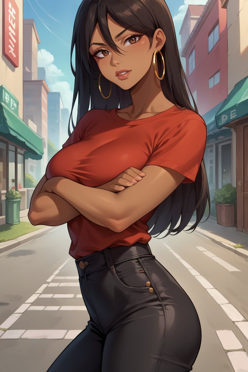 score_9, score_8_up, score_7_up, score_6_up, source_anime, 1girl, solo  <lora:michiko-pdxl-nvwls-v1-000005:1> michiko, black hair, long hair, brown eyes, dark-skinned female, lips, hoop earrings, red t-shirt, tight shirt, black pants, from side, looking at you, big breasts, city street, happy, crossed arms