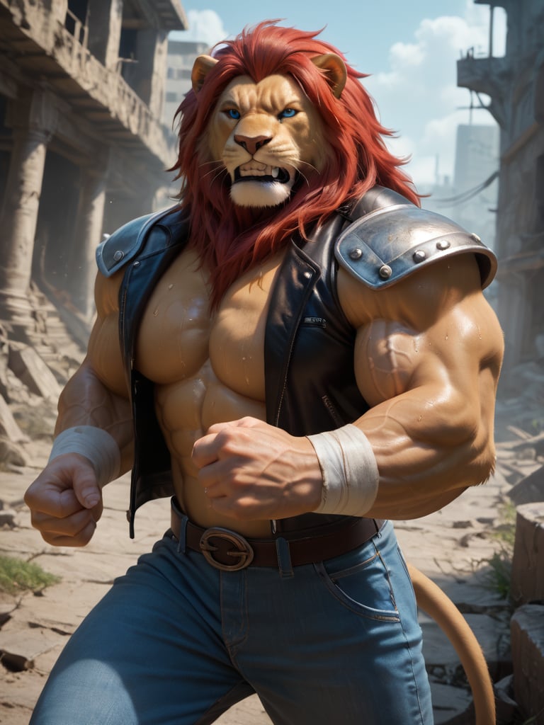 score_9, score_8_up, score_7_up, photorealistic, high quality, furry, male, lion, red hair, blue eye, serious expression, angry, (huge muscle:1.4), (veiny muscle:1.2), monk fighter, fantasy, leather jacket, white denim pants, metallic shoulder pad, white arm bandage, city ruins background, nice angle, fighting stance, sweat, steam, body shine, teeth