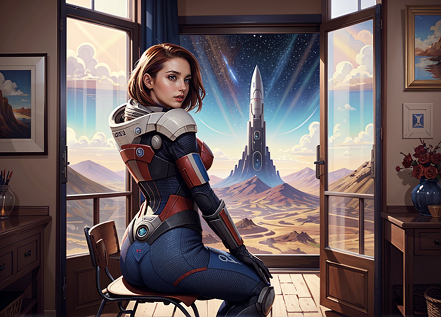 a woman sitting on a chair in front of a large window with a view of a fiery red and blue star, Eve Ryder, (mass effect:1.3), (realistic:1.5) (looking out of the window) (picturesque:1.3) (idealistic:1.4) (masterfully-portrayed:1.4) (ingeniously-arranged:1.4), (cleverly-shown:1.4) (properly-done:1.4) (optimal-depiction:1.4) (stunning-environment:1.4) (skilled-demonstration:1.3) (sharp:1.4) (detailed:1.4) (best-resolution:1.4) (maximalist:1.3)