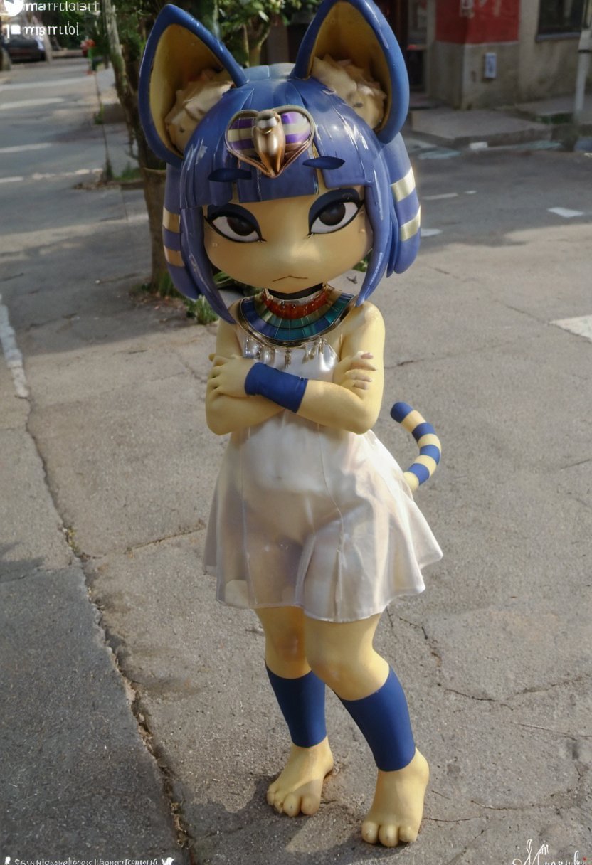 zPDXL, zPDXLxxx, score_9, score_8_up, score_7_up, score_6_up, score_5_up, score_4_up, BREAK <lora:Ankha_HD_Animal_Crossing_for_PonyXL:0.9>,ankha \(animal crossing\), 3d, 1girl, outdoors, yellow fur, furry, two-tone fur, blue hair, furry female, animal ears, tail, white dress, arms crossed, anthro, felid, feline, body fur, short hair, hair ornament, cat ears, animal feet, felis, domestic cat, blue fur, feet, snake hair ornament, city street, day, barefoot, cat tail, cat girl, sky, blunt bangs, blue eyeshadow, egyptian, hair, blue sky, looking at viewer, toes, closed mouth, outside, animal nose, flat chest, white fur, fur, stomach, black eyes, bob cut, from above