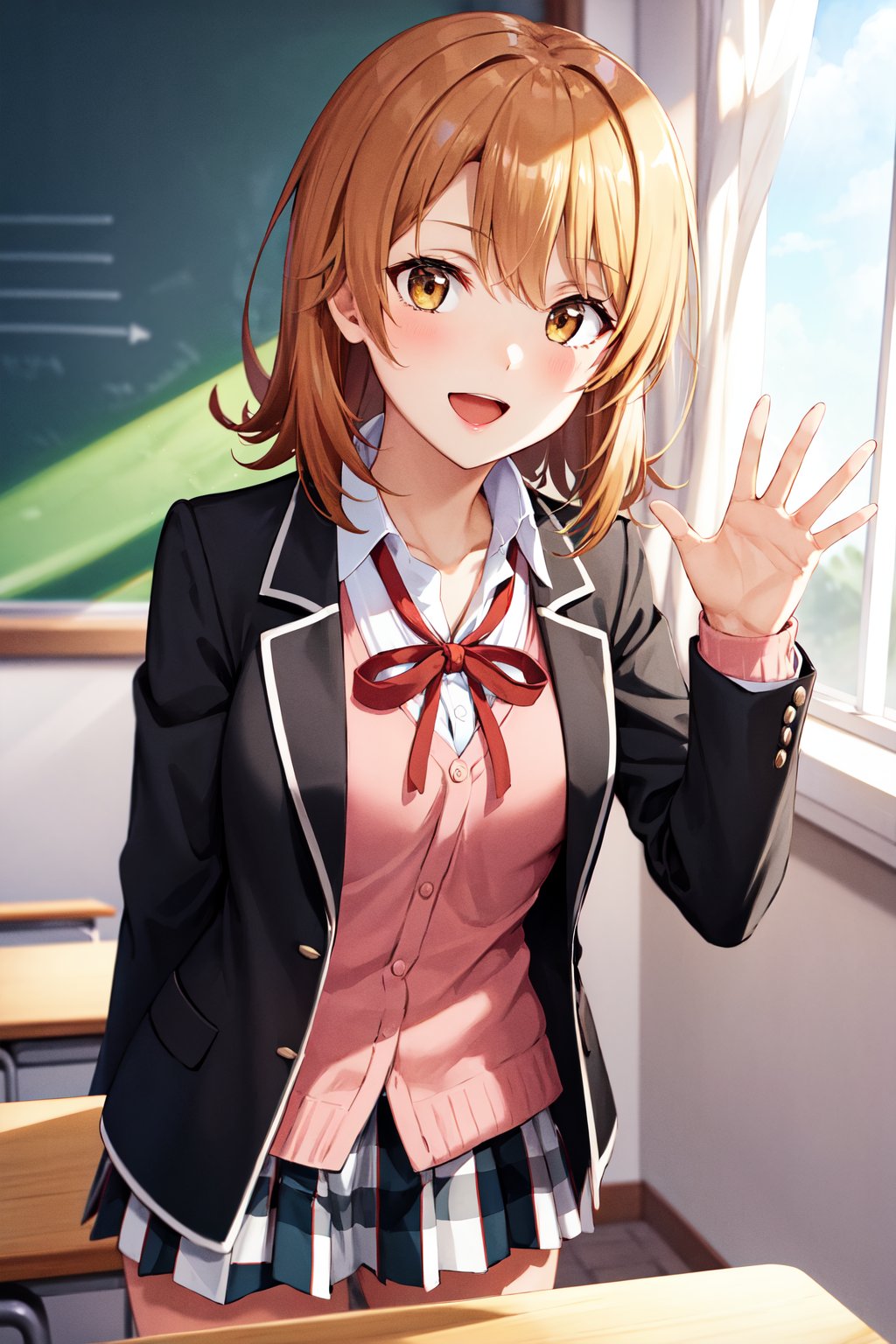 masterpiece, best quality, highres, aairoha, medium hair, school uniform, neck ribbon, collared shirt, blazer, black jacket, open jacket, long sleeves, plaid skirt, <lora:isshiki_iroha_v1:0.7>, classroom, indoors, smile, open mouth, waving,