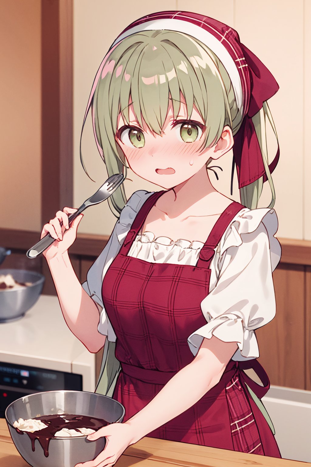 1girl, cecilia \(shiro seijo to kuro bokushi\), anime screencap, solo, blush, eyebrows visible through hair, green hair, spatula, open mouth, green eyes, blurry, blurry background, chocolate, looking at viewer, depth of field, nose blush, head scarf, sweat, hair between eyes, hair ribbon, bowl, long sleeves, pink apron, white shirt, mixing bowl, floral print, red apron, ponytail, plaid, wavy mouth, holding bowl, frills, chocolate making, very long hair, indoors, upper body, cooking, red ribbon, kitchen, sidelocks, low ponytail, holding spatula, collarbone, white apron, valentine, frilled apron, print apron, brown eyes, bandana, hands up, brown ribbon, waist apron, low twintails, medium breasts, ladle, frilled sleeves, food, puffy short sleeves, , sweatdrop, fingernails, white dress, plaid apron, wide sleeves, pot, pastry bag, standing<lora:cecilia_shiro_seijo_locon_v1:0.9>