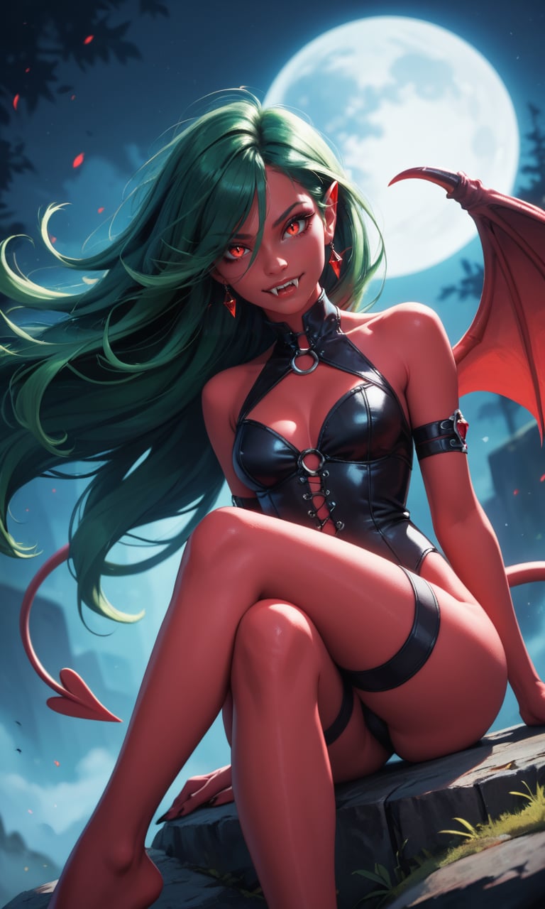 4n1v3rs3, score_9, score_8_up, score_7_up, upper body shot, cute succubus woman, sitting over a rock, completely red skin, gothic, large demon red wings (high resolution textures), long green hair, floating hair, (abstract art), half demon, crimson iris, cat eyes, vampire very long fangs, crossed legs, (hyperdetailed:1.15), detailed, moonlight passing through hair, (full moon background), seductive, innocent, (depth of field), (fine textures details)