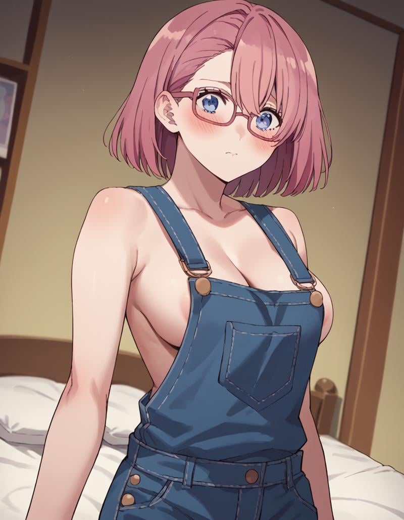 score_9, score_8_up, score_7_up, source_anime, <lora:ririsa-amano-s1-ponyxl-lora-nochekaiser:1>, ririsa amano, short hair, glasses, blue eyes, pink hair, bangs,, <lora:naked-overalls-ponyxl-lora-nochekaiser:1>, naked overalls, overalls, sideboob, cleavage, areola,, bed, bed room, blush, , cowboy shot, dutch angle