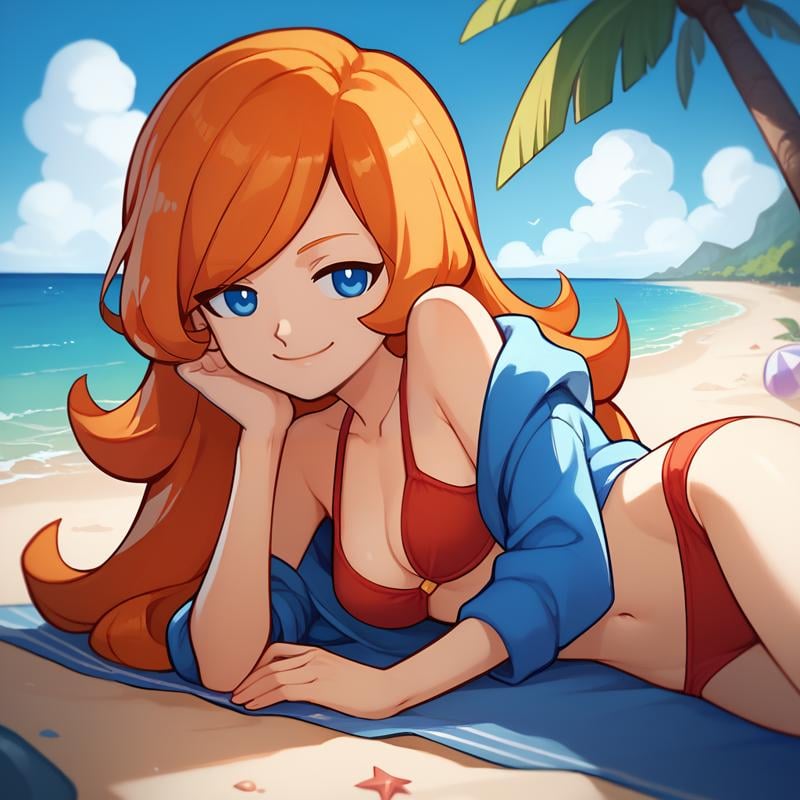 score_9, score_8_up, score_7_up, 1girl, solo, uncensored,  <lora:WarioWareMonaXL_v1.1:1> wariowaremona,  smile, on side, lying, looking at viewer, half-closed eyes,  blue eyes, long orange hair, red bikini,  outdoors, beach, ocean, sand, sky, sunny