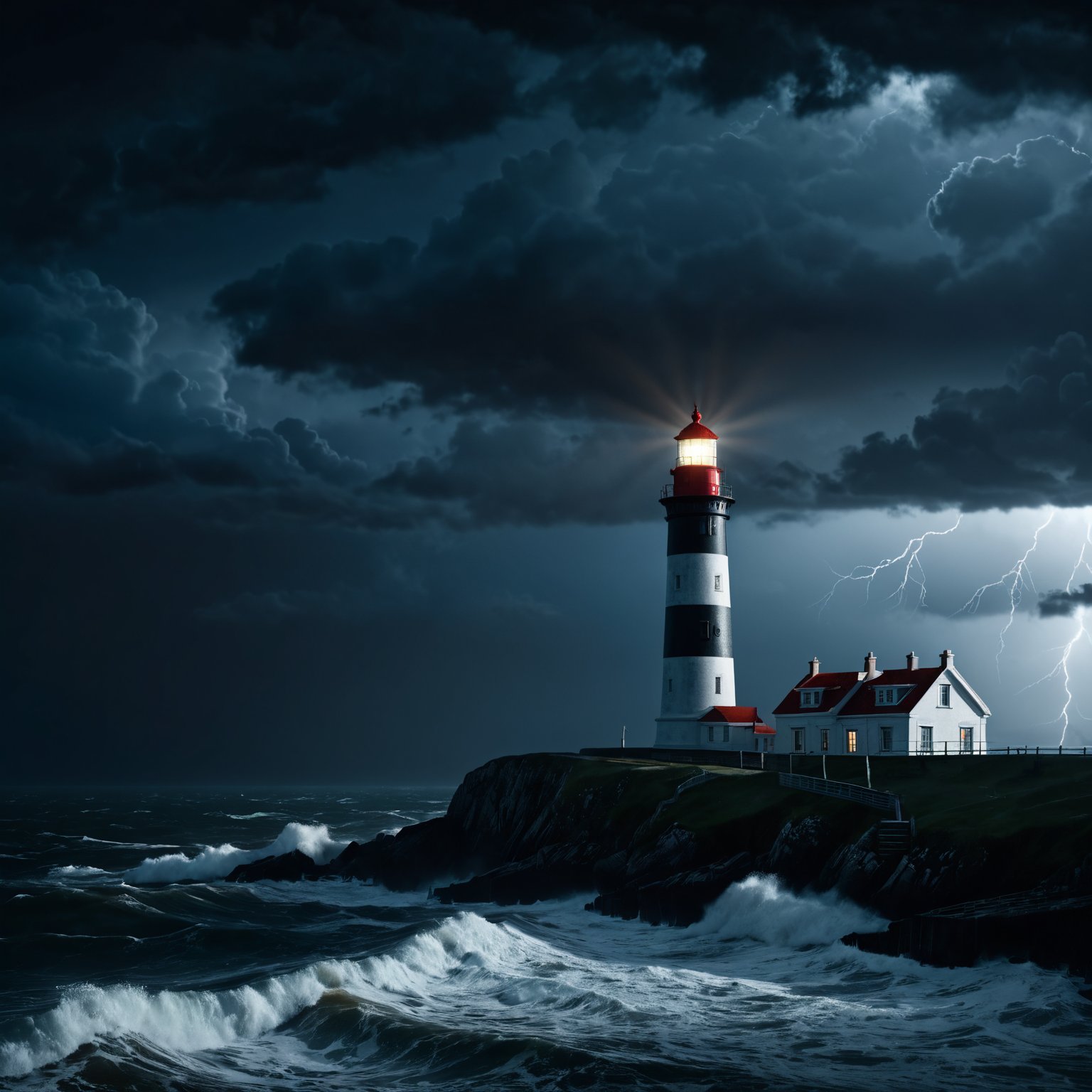 A lighthouse on the coast on a stormy night, realistic, photorealistic,(masterpiece:1.2), (best quality:1.2), ultra-detailed, best shadow, detailed background, high contrast, (best illumination, an extremely delicate and beautiful), ((cinematic light)), 8k, very aesthetic,