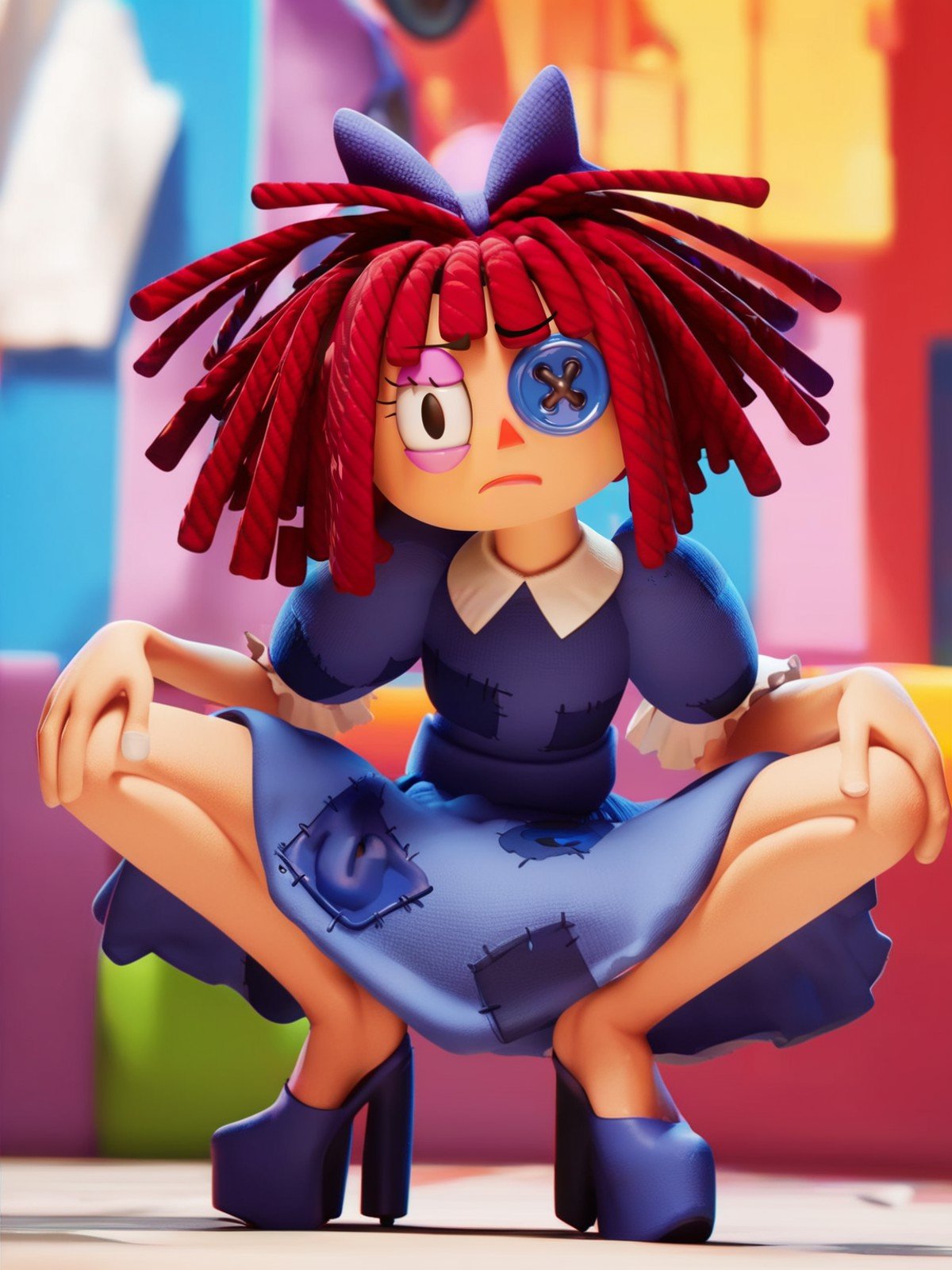 solo focus, <lora:doll-000010:0.7> d_ll, 1girl,rag-doll, red yarn-like hair, flat orange triangular nose, blue button eye and black pupil in actual eye, purple bow in hair,     looking at viewer, squatting, front view, spreading legs, platform high heels, score_9, score_8_up, score_7_up,