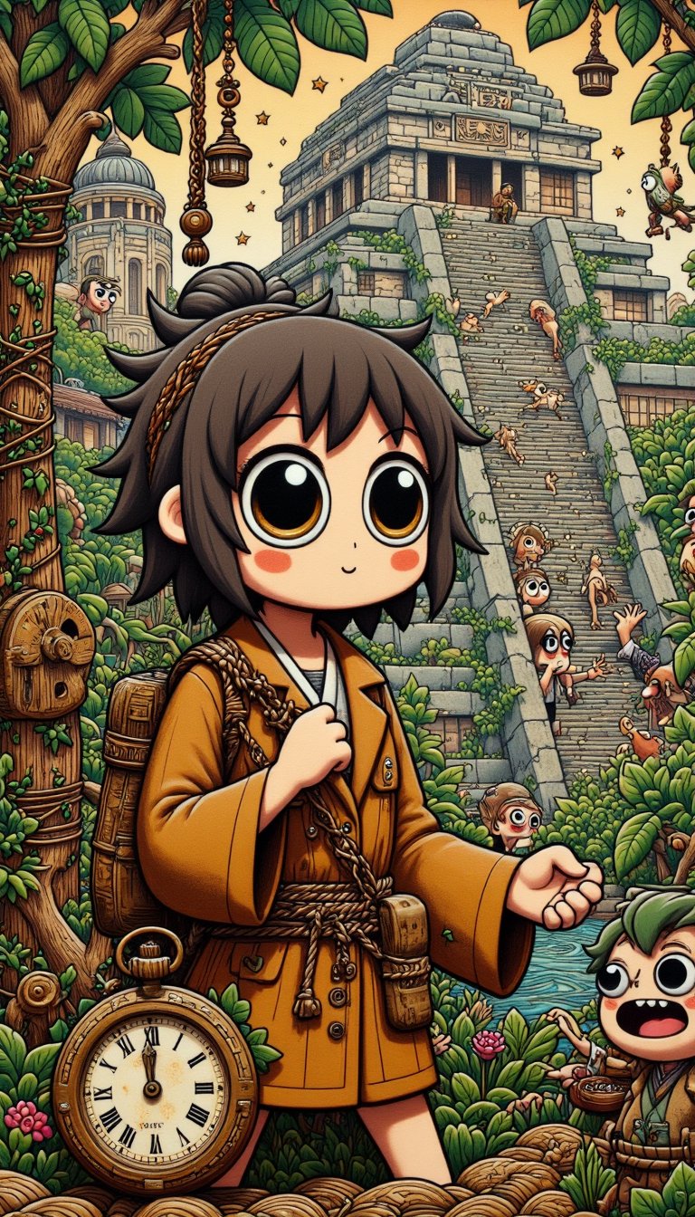 A movie poster set in a dense, mystical jungle features a weathered, leather-clad archaeologist, eyes locked intensely on an ancient Mayan temple in the distance. In her hand, she grasps a rusted, brass timepiece with Roman numerals, while vines and moss cling to her jacket, as if the jungle itself is claiming her as its own. In the background, the temple's stone facade seems to ripple, like the surface of a pond, with visions of different eras – ancient civilizations, a 1920s speakeasy, and a dystopian metropolis – blending and swirling together, hinting at the mind-bending journey to come.