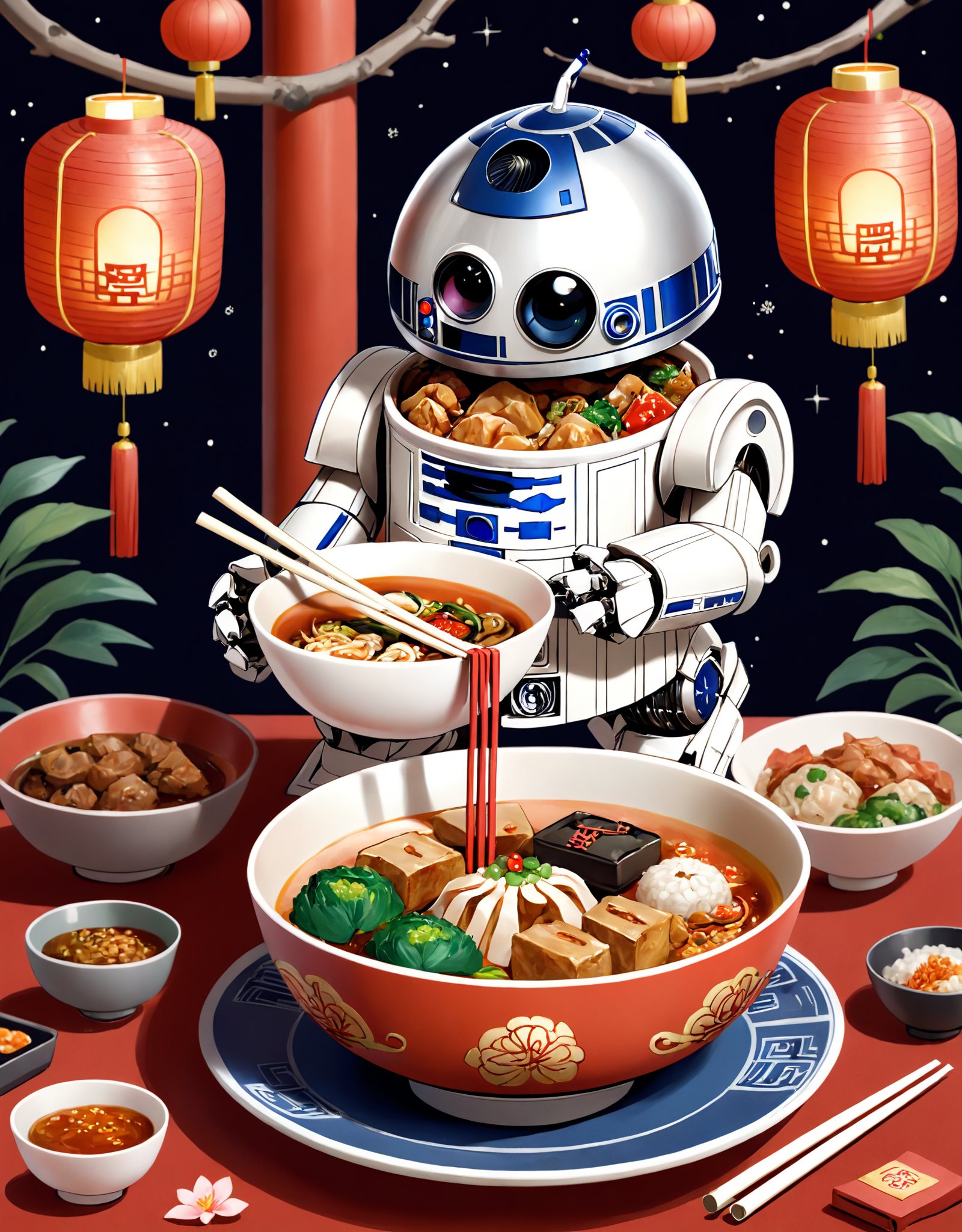 A chibi R2-D2, a small, cute robotic character from Star Wars, enjoying a delicious bowl of Chinese cuisine with chopsticks, surrounded by traditional Chinese lanterns and a dragon decoration.