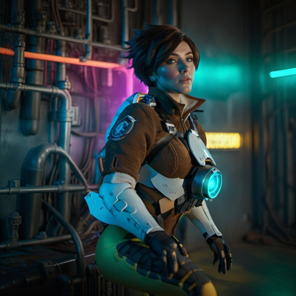 cinematic photo a woman in a futuristic cyberpunk background, neon lights <lora:Tracer1024:0.8> . 35mm photograph, film, bokeh, professional, 4k, highly detailed