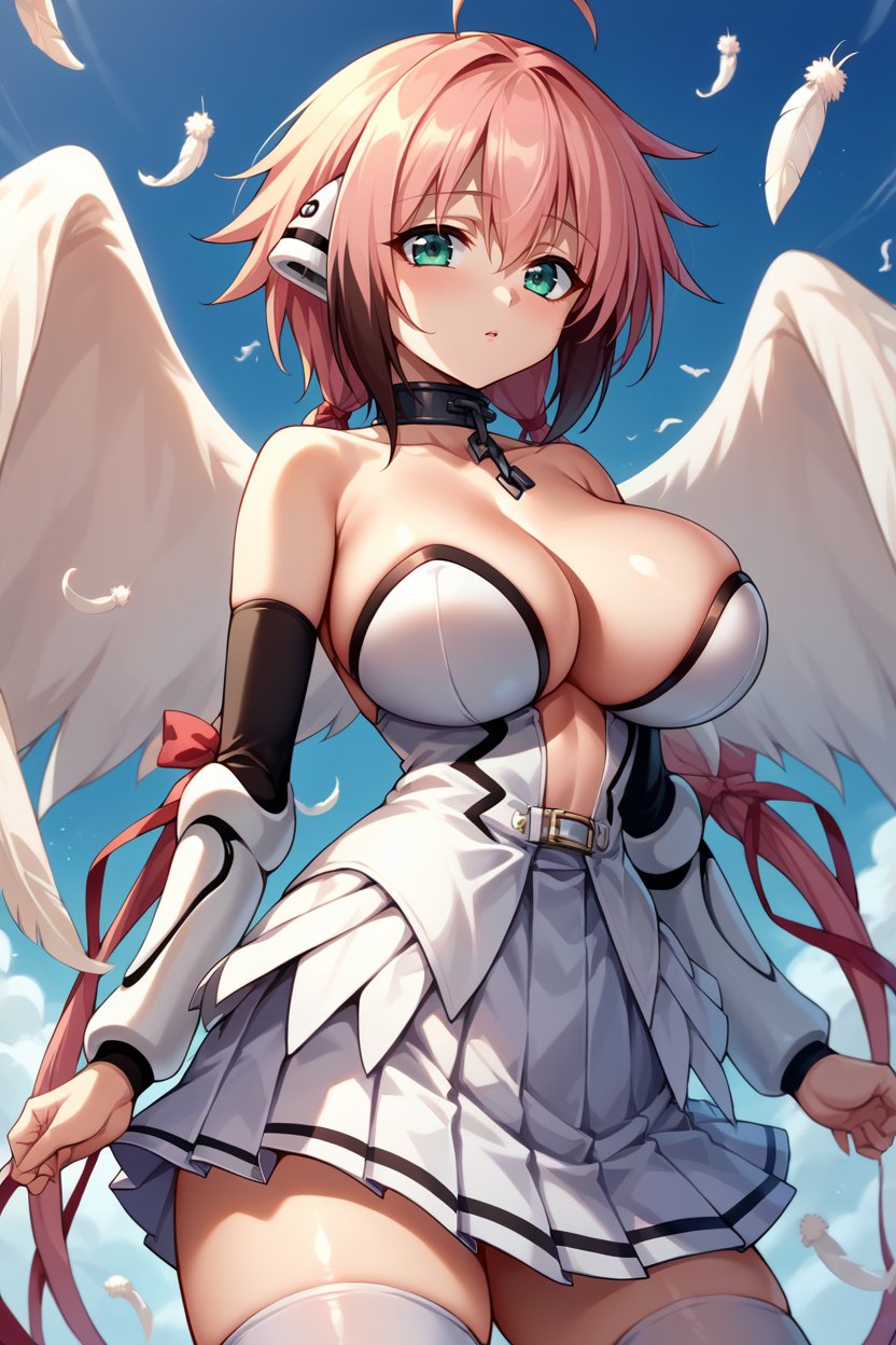 score_9, score_8_up, score_7_up, score_6_up, source_anime, BREAK 1girl,  <lora:ikaros-pdxl-nvwls-v1-000005:1> ikaros, twintails, ribbon, robot ears, white wings, choker, chain, bare shoulders, white dress, cleavage, pleated skirt, bracers, thighhighs, large breasts, looking at viewer, blue background, clouds, sky, looking at you, upper body, white feathers falling