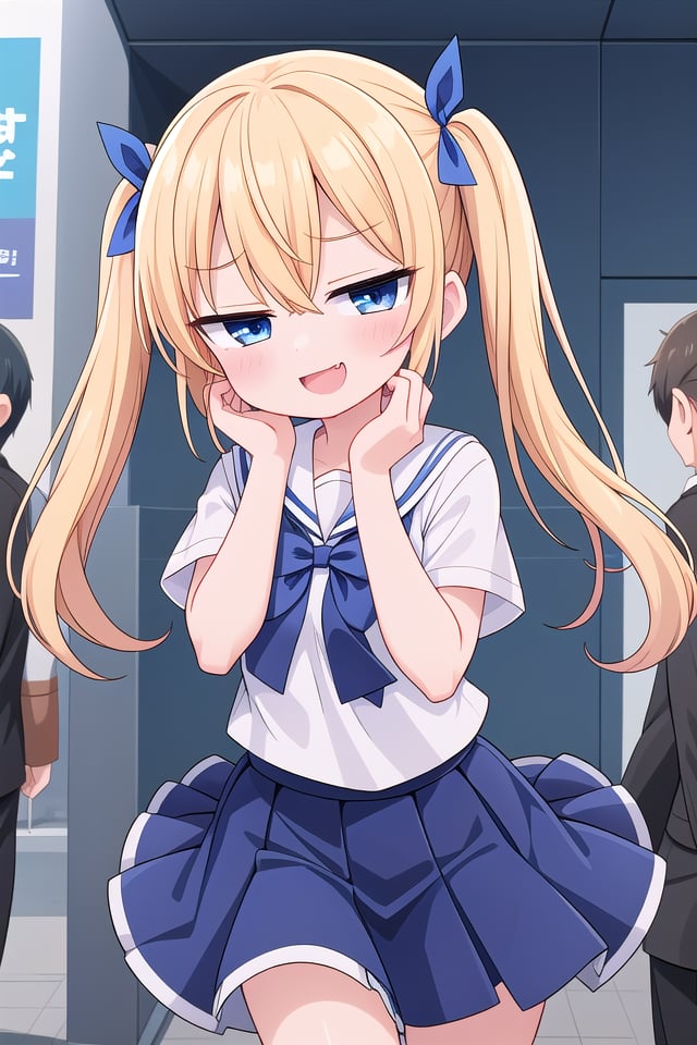 <lora:sensualface_type3_v3:1>insanely detailed, absurdres, ultra-highres, ultra-detailed, best quality,1girl, solo, nice hands, perfect hands,BREAK(wearing sailor school uniform, dark blue pleated skirt, white shirt),(evil smile, ;3, smug, open mouth:1.3), fangsBREAKstanding, hand on own face, 45 angle,from below, cowboy shot, looking at viewer, tilt headBREAKslender, kawaii, perfect symmetrical face, ultra cute girl, ultra cute face, ultra detailed eyes, ultra detailed hair, ultra cute, ultra beautifulBREAKin harajuku, shibuya, tokyo, street, crowd, cityscape,small breastsBREAK(gold blonde) hair, (short:1.3) twintails, blue eyes, blue hair ribbon, hair between eyes