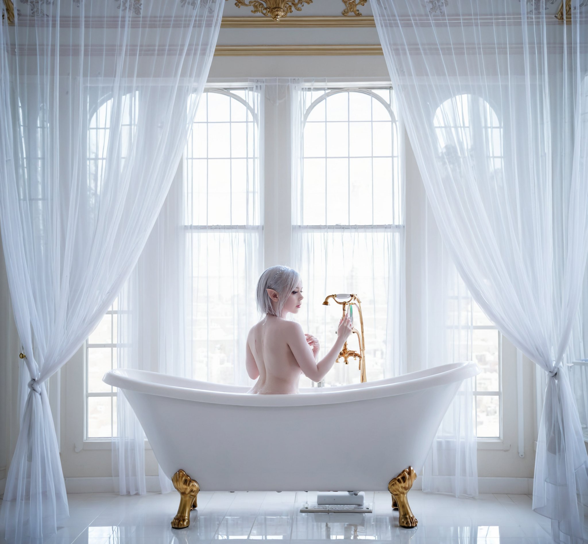 fairy,noble,elegant,beautiful,1girl,solo,bathtub,claw foot bathtub,breasts,curtains,nude,indoors,faucet,bath,pointy ears,mirror,bathroom,bathing,sideboob,holding,medium breasts,window,shower head,makeup,water,white hair,reflection,<lora:jingling-0000010:0.6>,