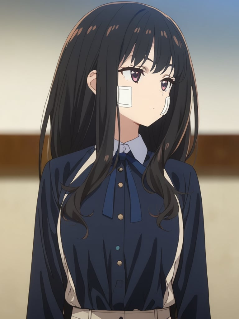 masterpiece,bestquality,<lora:inoue_takina-000008:0.9>,inoue takina,1girl,long hair,solo,black hair,blurry background,blurry,closed mouth,shirt,bandaid,collared shirt,bandaid on face,white shirt,