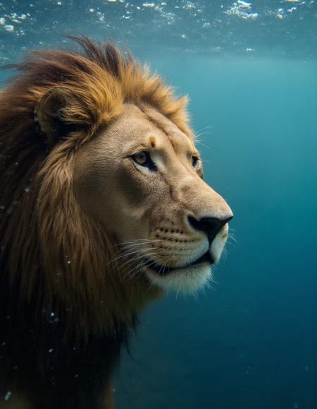 <lora:detailer_flux_v1:1>,photographic portrait of a lion underwater,