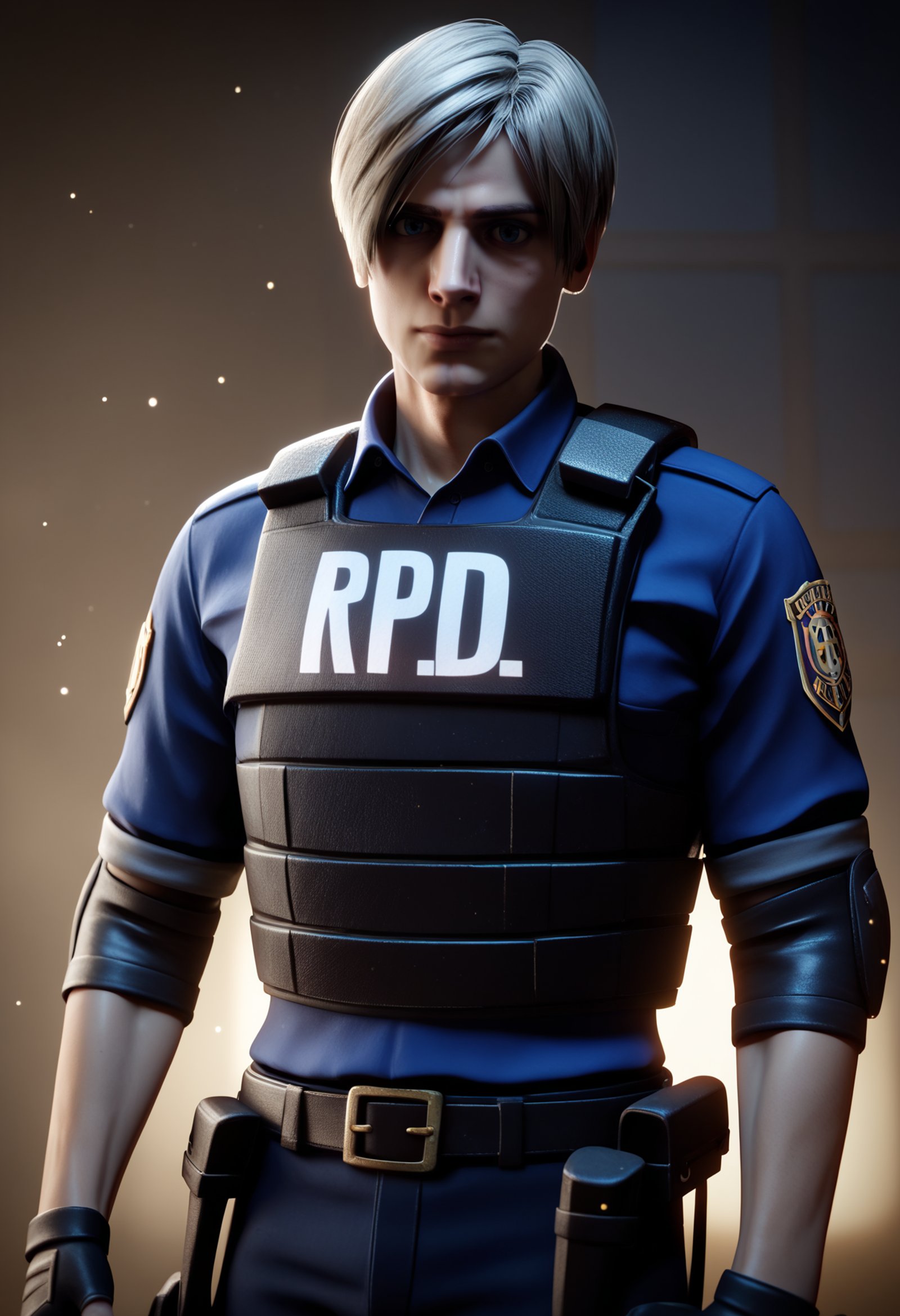 score_9,score_8_up,score_7_up,uncensored BREAK realistic,render,blender \(medium\),1boy,  leonkennedy, grey hair, short hair, belt, police uniform, bulletproof vest, fingerless gloves, blue shirt, elbow pads, long sleeves,solo, looking at viewer, upper body, fog, dark background, particles, bokeh, indoors, haunted house background, dark, contrast<lora:LeonKennedyXL:1>