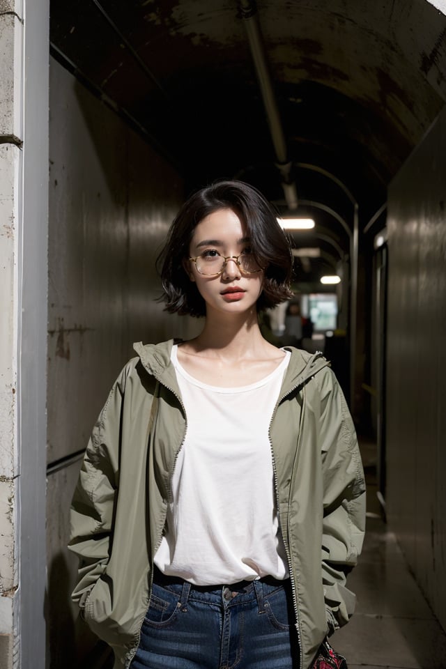 ((Upper body: 1.5)) A girl stands in the center with short hair. She is located in a foggy underground tunnel and a dark room. Her clothes are cool, casual and British - (with a black windbreaker and sunglasses). With her hair partially falling around her face, her pose exudes a sense of freedom and joy, set against the dusty, dark and foggy industrial tunnels of the factory.