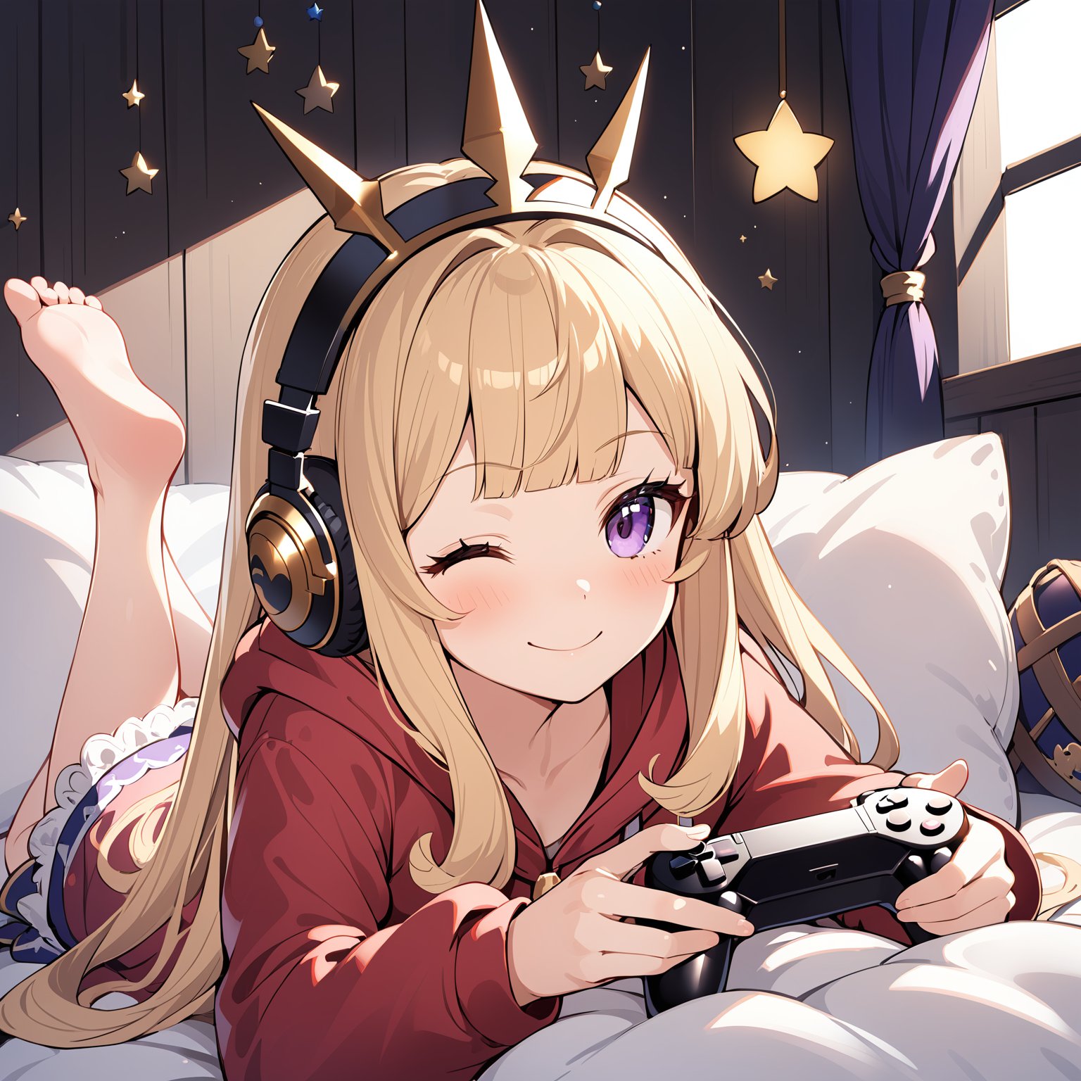 1girl,solo,long hair,looking at viewer,blush,smile,bangs,blonde hair,long sleeves,holding,closed mouth,purple eyes,lying,one eye closed,barefoot,hood,blunt bangs,star \(symbol\),feet,pillow,hoodie,toes,headphones,soles,crown,on stomach,;\),controller,game controller,playing games,the pose,cagliostro \(granblue fantasy\),