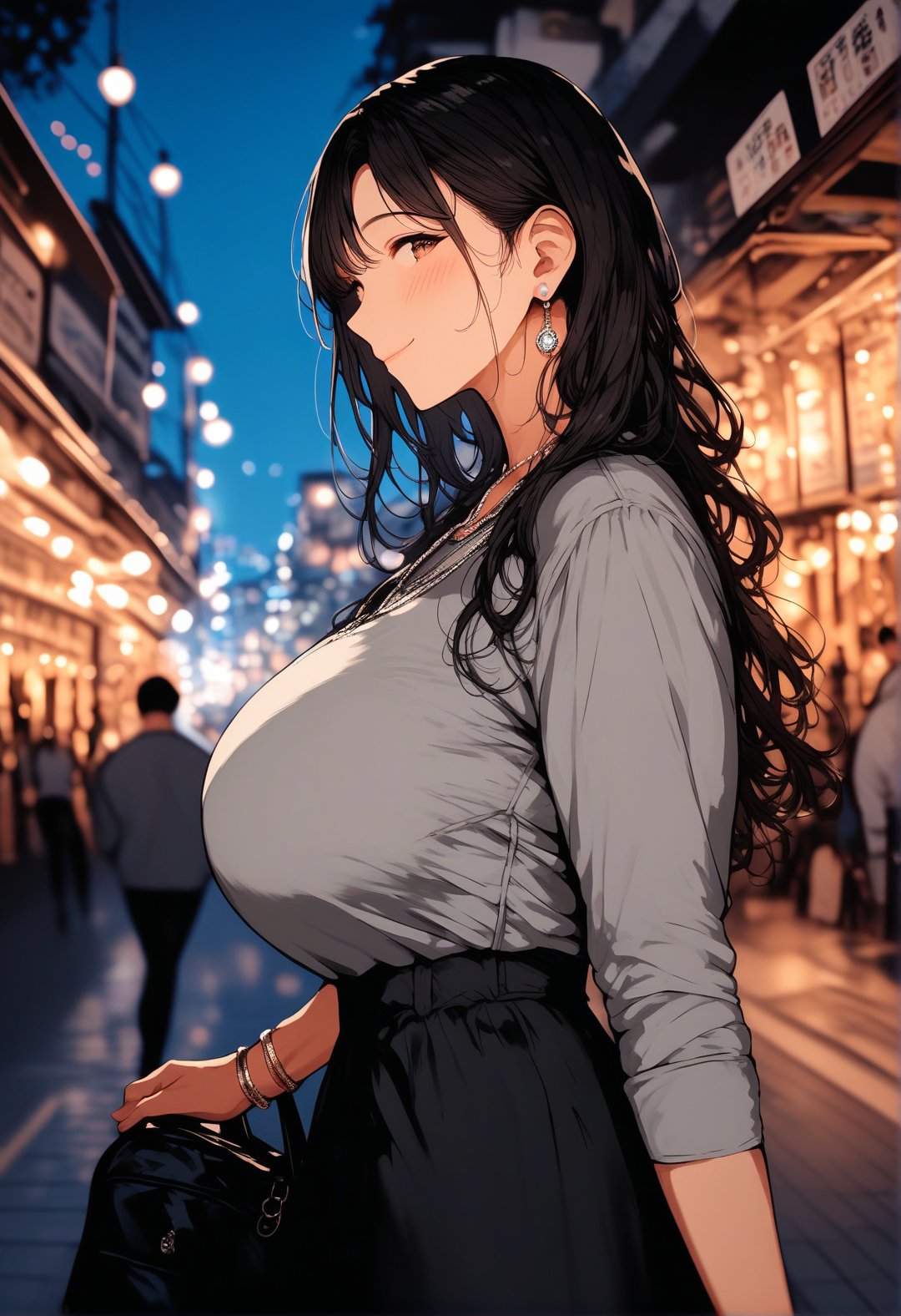 score_9, score_8_up, score_7_up, score_6_up, source_anime, <lora:BLE 0.1v:1>, BLE, 1girl, solo, long hair, blush, smile, shirt, skirt, black hair, long sleeves, closed mouth, jewelry, brown eyes, mature female, huge breasts,  white shirt, outdoors, earrings, sky, solo focus, black skirt, necklace, bag, blurry, from side, bracelet, blurry background, profile, night, depth of field, grey shirt, photo background, city lights, looking at viewer, 