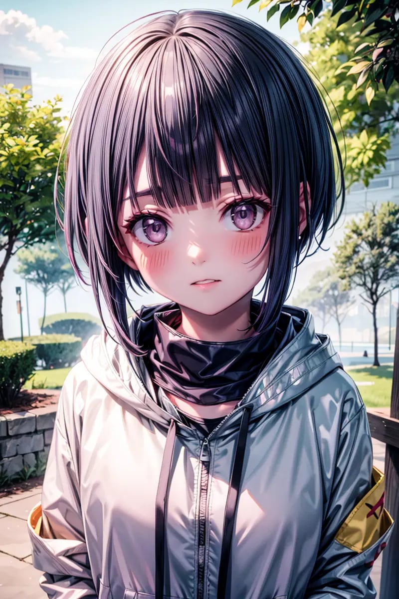 High detailed,  masterpiece,  best quality,  8K,  highres,  Hinat4_yng,  short hair,  blush,  bangs,  purple hair,  long sleeveswhite eyes,  jacket,  upper body,  hood,  blunt bangs,  hodiee,  white jacket,  hood down,  hooded jacket,  outdoors,  trees,  medium body, masterpiece,<lora:EMS-179-EMS:0.800000>,<lora:EMS-300175-EMS:0.800000>