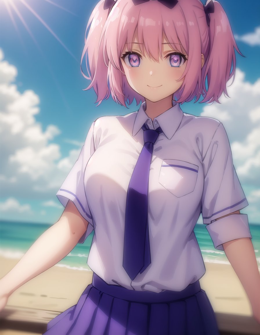 skhibari, <lora:sk hibari s1-lora-nochekaiser:1>,hibari, short hair, bow, twintails, pink hair, hair bow, symbol-shaped pupils, short twintails, blue eyes,BREAK skirt, bow, school uniform, necktie, purple skirt,BREAK outdoors, classroom,BREAK looking at viewer, (cowboy shot:1.5), smile,BREAK <lyco:GoodHands-beta2:1>, (masterpiece:1.2), best quality, high resolution, unity 8k wallpaper, (illustration:0.8), (beautiful detailed eyes:1.6), extremely detailed face, perfect lighting, extremely detailed CG, (perfect hands, perfect anatomy),