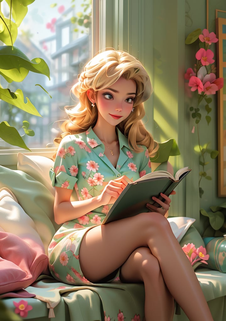 1girl blonde hair blurry blurry background blurry foreground book crossed legs depth of field earrings floral print indoors jewelry leaf mercy \(overwatch\) open book palm tree plant potted plant reading sitting smile solo sunlight table window 