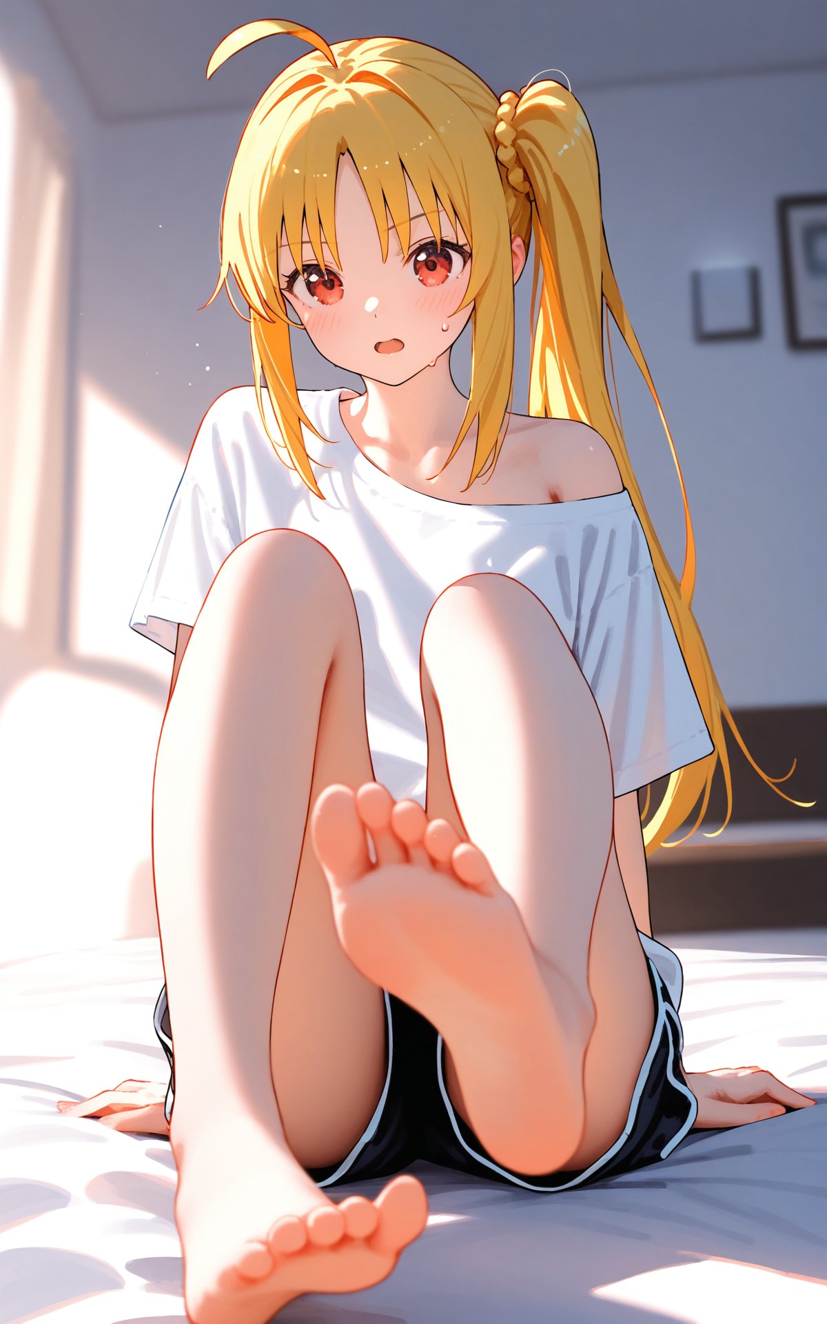 masterpiece,illustration,(reflection light),nai3 Style, 1girl, barefoot, toes, feet, ijichi nijika, soles, blonde hair, solo, shorts, foot focus, shirt, side ponytail, blush, ahoge, black shorts, foreshortening, sitting, legs, white shirt, blurry background, long hair, off shoulder, blurry, sidelocks, sweatdrop, single bare shoulder, red eyes, short shorts, bare legs, open mouth, knees up, short sleeves, indoors, full body, dolphin shorts, collarbone, t-shirt, parted bangs, presenting foot