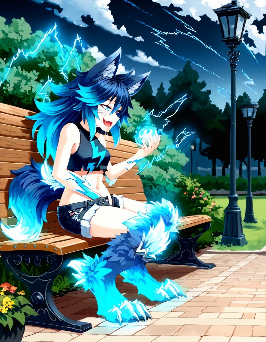 (masterpiece), MGE, CG, (raiju), gradient hair, glowing hair, dark blue hair to cyan hair, electricity, lightning, wolf ears, wolf tail, microshorts, crop top, drooling, saliva strands, animal legs, (calfhigh fur:1.3), smiling, (masturbation), hand inside shorts, expressive eyes, consistent features, full body shot, from_side, park, bench, , <lora:80e49870-1c5b-410a-8ce3-46088809dc5f:0.8>, <lora:c0cbbd86-bb4d-42a2-b0f1-69a40b483f0c:0.5>