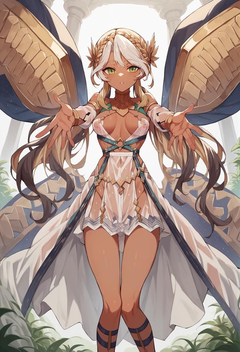 1girl, dark skin, green eyes, multicolored hair, white hair, blonde hair, long hair, braid, hair ornament, low twintails, neck ring, jewelry, short dress, revealing clothes, see-trhough skirt, wings, see-through, outdoors, greek temple, outstretched arms,   <lora:Andromeda_XL:1>, score_9, score_8_up, score_7_up, score_6_up, score_5_up, score_4_up, (m-da s-tarou:0), masterpiece