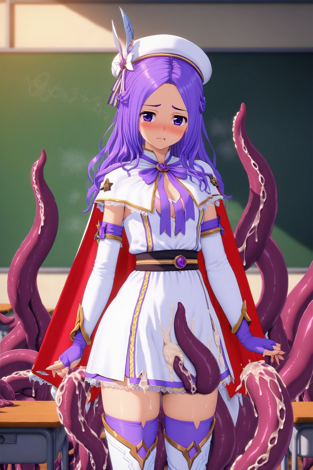 Rayne,Magic girl, ,more detail XL, classroom, white dress, thigh boots, thigh-high, cape, hat, cowboy shot, ((nsfw, cum filled)), (a lots of tentacles, Oppressiontorn dress)<lora:EMS-326858-EMS:0.800000>, <lora:EMS-367974-EMS:0.600000>, <lora:EMS-61413-EMS:0.400000>