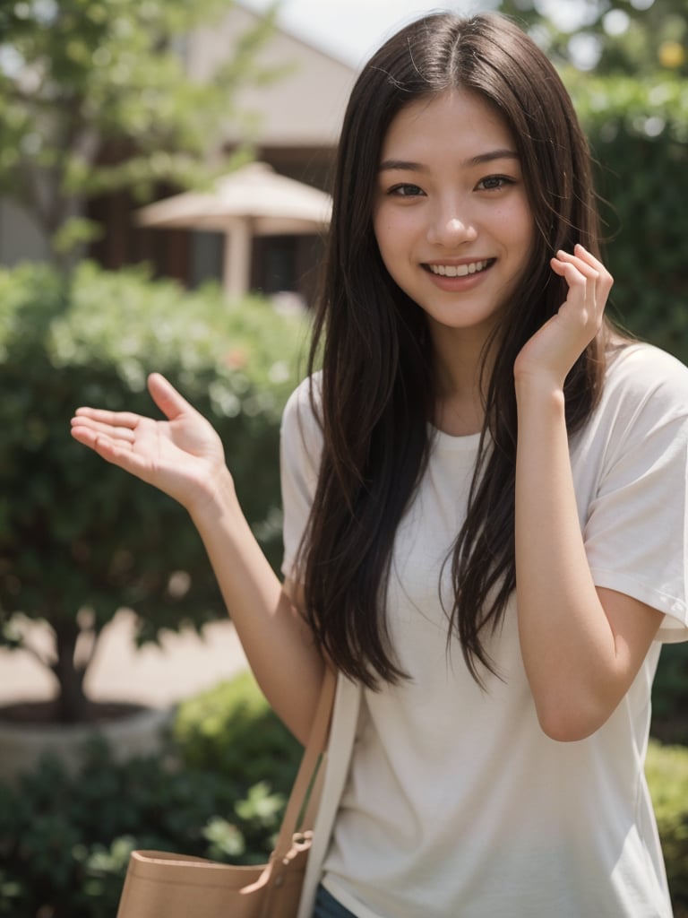 photo of a 18 year old girl,clapping hands,happy,laughing,facing viewer,ray tracing,detail shadow,shot on Fujifilm X-T4,85mm f1.2,depth of field,bokeh,motion blur