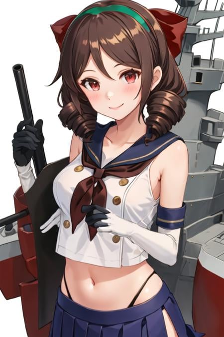 best quality, masterpiece, highres, solo, {harukaze_kantaicollection:1.15}, brown_hair, drill_hair, twin_drills, red_eyes, bow, hair_bow, red_bow, long_hair, smile, breasts, 1girl, cosplay, hairband, sailor_collar, shimakaze_\(kancolle\)_\(cosplay\), elbow_gloves, gloves, white_gloves, crop_top, looking_at_viewer, school_uniform, serafuku, black_panties, highleg, highleg_panties, navel, panties, underwear, black_hairband, black_neckerchief, blush, skirt, blue_sailor_collar, medium_breasts, neckerchief, blue_skirt, striped