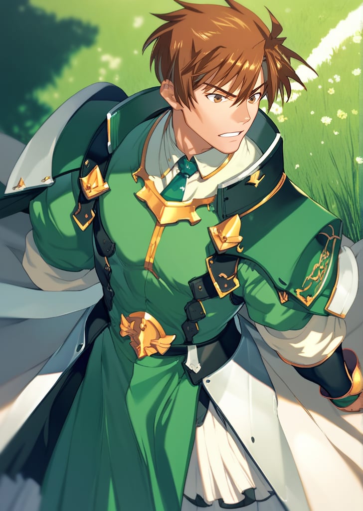 score_9, score_8_up, score_7_up, best quality, highest score1boy, brown hair, armor, green clothing, <lora:Alice_Soft_Sengoku_Rance_GameCG_Artstyle_PonyXL:1>