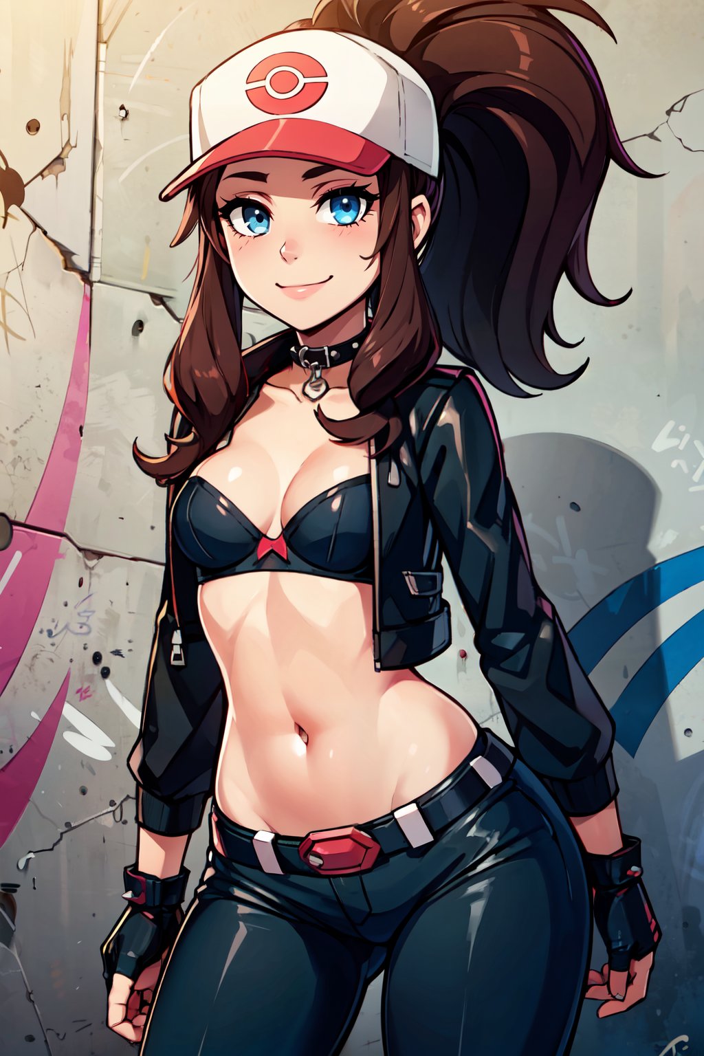 ((masterpiece,best quality)), absurdres,   <lora:HildaPokemon_v5:0.7>,   zzHilda, blue eyes, long hair, high ponytail, sidelocks,   leather jacket, leather pants, strapless bra, black jacket, tight pants, black choker, zipper, fingerless gloves, biker clothes, spikes, unzipped, multiple belts, shiny clothes, high collar, (graffiti:1.2), brick wall, (wide hips), solo, smile, looking at viewer, cowboy shot,