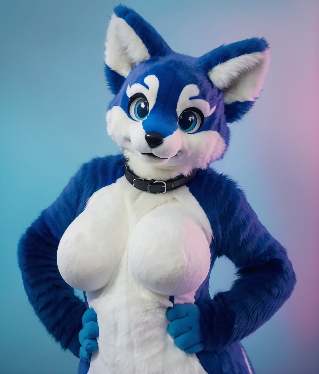 furry,wolf,big eyes,fur collar,paw gloves,large tail,animal collar,fluffy,big breasts,curvy,chuchumy,(grey_fur:0.7),solo,no humans,looking at viewer,cuteg,fursuit,Fursona,((aqua_background)),<lora:Clothes_Fursona_v1:0.7>,