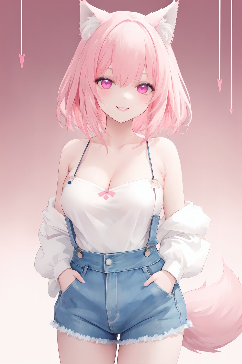 1 wolf girl, rose quartz eyes, wolf ears, wolf tail, short hair, (smile:1.1), (parted lips:0.8), cute, bare arms, medium breasts, (cleavage:0.8), (collarbone:0.9), (thighs:0.7), tube top, overalls, (ribbon:1.1), hand in pocket, pink street, sharp focus, looking at viewer, cowboy shot, (intricate:1.1), (light pink theme:1.1), (light pink tone:1.1), (deepblue tone:0.9), (anime coloring:1.1), illustration,