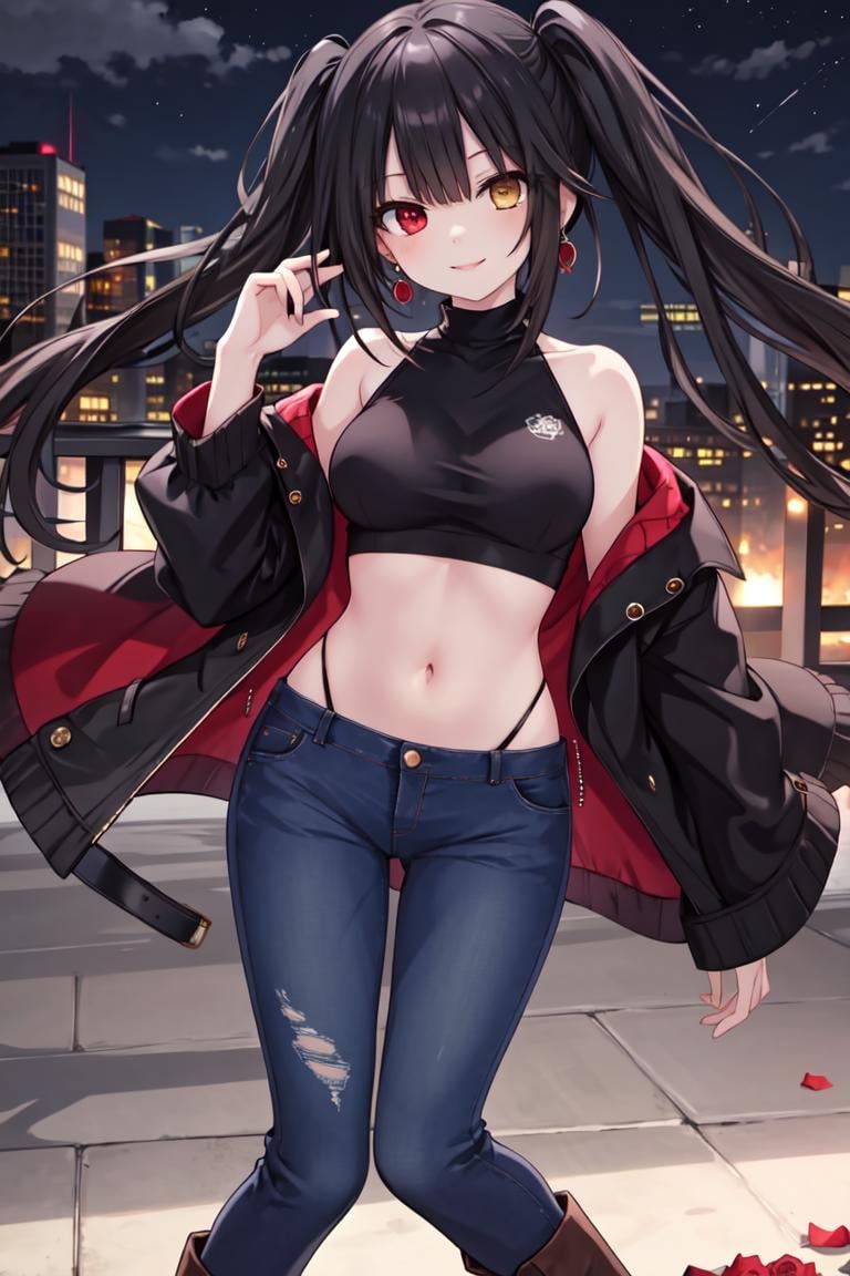 1girl, solo, <lora:aki:0.6>, tokisaki kurumi, black hair, loose_hair, very_long_hair, twintails, twin braids,  earrings, glowing eyes, heterochromia, medium breasts, navel, hair ornament,red rose,  black sweater, blue_jeans, ankle boots, bare shoulders, looking at viewer, smile, outdoors, city,  building,graffiti, night,, weird atmosphere, (best quality:1.1), (masterpiece:1.2), high quality shadow, beautiful detailed, (high detailed skin, skin details), (wide_landscape, 8k), beautiful face, detailed eyes, depth of field, dramatic light, best quality, highres, best shadow, best illumination,