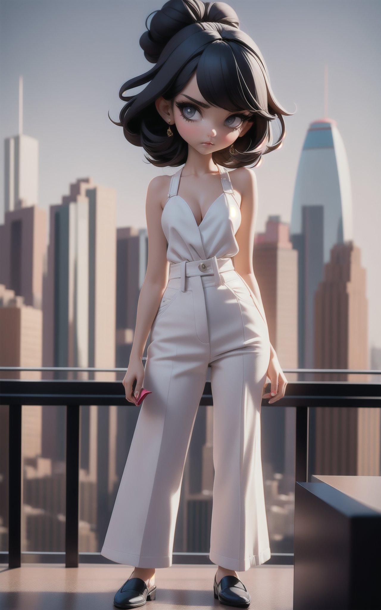 1girl,Short messy hairstyle,A sleek, contemporary penthouse suite, boasting panoramic views of the city skyline,Camisole and wide-leg trousers,Frowning facial expression,dynamic attitude,