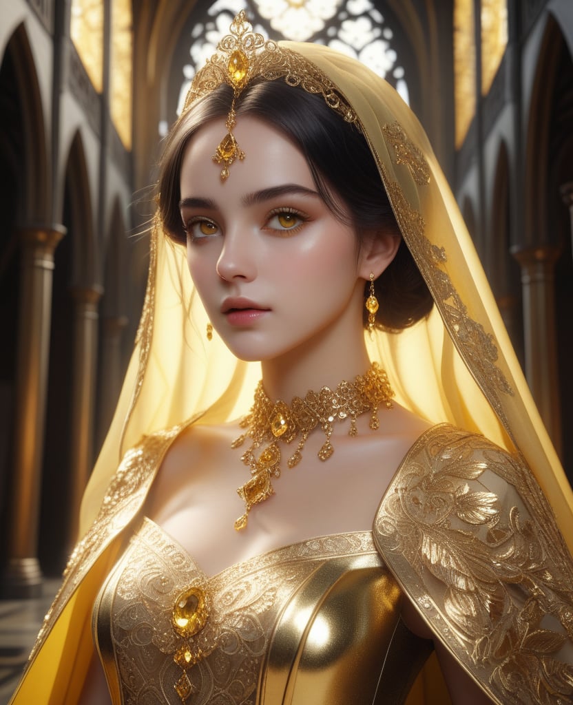 ultra detailed 8k cg, intricate detail, delicate patern, jewelry, gem, gold, golden, gold theme, shiny, glint, sparkle,  yellow cloak, yellow eyes, rich, prestige, gothic architecture,