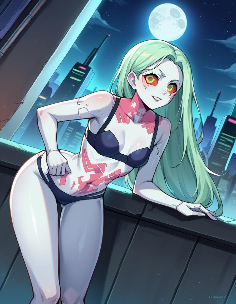 score_9, score_8_up, score_7_up, source_anime,cyberpunkrebecca, <lora:cyberpunk-rebecca-ponyxl-lora-nochekaiser:1>,rebecca, long hair, green eyes, green hair, colored skin, colored sclera, white skin, red sclera, artificial eye, mechanical eye, cyborg, red pupils, small breasts,underwear, bra, black bra, stomach tattoo, neck tattoo,outdoors, cityscape, night, moon, bent over,looking at viewer, dutch angle, cowboy shot,