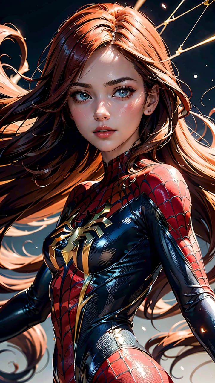 (best quality, masterpiece, colorful, dynamic angle, highest detailed) upper body shot, fashion photography of cute, intense long red hair, Mary Jane in spiderman suit, (ultrahigh resolution textures), in dynamic pose, bokeh, glowing web, light passing through hair, (abstract background:1.3), (official art)