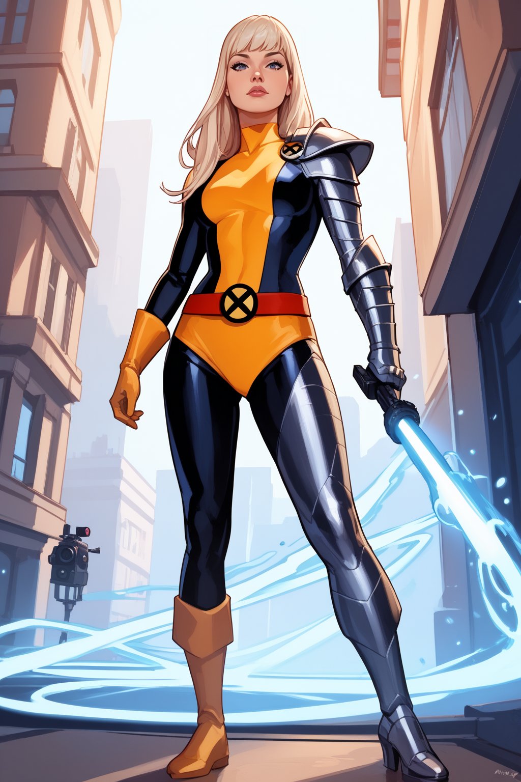 score_9, score_8_up, score_7_up, masterpiece, high quality <lora:Magik ClassicPonyLoRA:1> mgik, long hair, bangs, single gauntlet, bodysuit, single glove, shoulder armor, belt, asymmetrical legwear, standing in a city, casting a portal