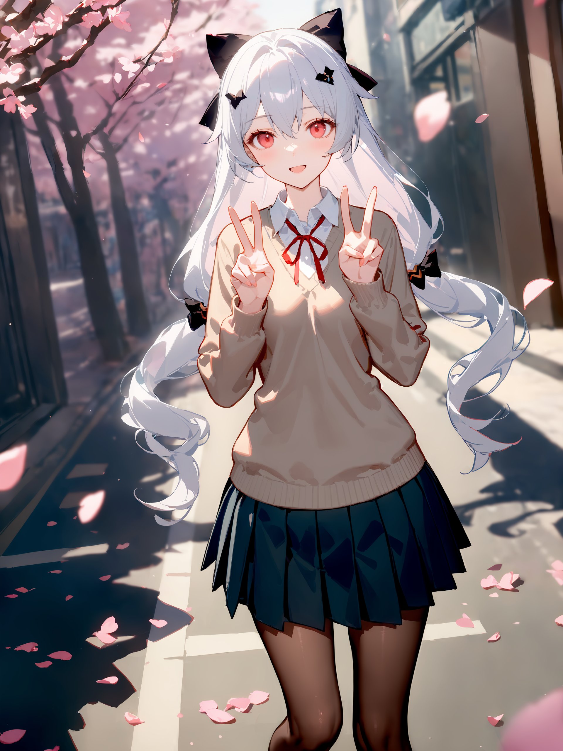 masterpiece, best quality, very aesthetic, ray tracing, newest,(hitenkei, askzy:0.5), 1girl, theresa apocalypse, solo, hair bow, school uniform, white shirt, sweater, pleated skirt, pantyhose, light smile, double v, looking at viewer, smile, open mouth, outdoors, street, cherry blossoms, petals, depth of field   <lora:Char-Honkai-Theresa-XL-V1:0.9>