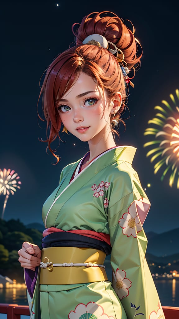 (best quality, masterpiece, colorful, highest detailed) upper body photo, fashion photography of cute (Beautiful italian girl), iridiscent bobbed hair, flirting with POV, in traditional japanese kimono, high detailed kimono textures, Kyoto, fireworks, (ultra-detailed body), (light smile:0.3), moonlight passing through hair, (night beautiful background:1.3), (dynamic angle), (intricate details), (dynamic angle)