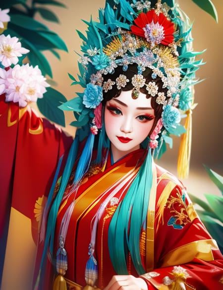 1girl, solo, branch, jewelry, hair ornament, flower, hair flower, holding, tassel, makeup, Artist, Chinese theatrical costume, Peking Opera