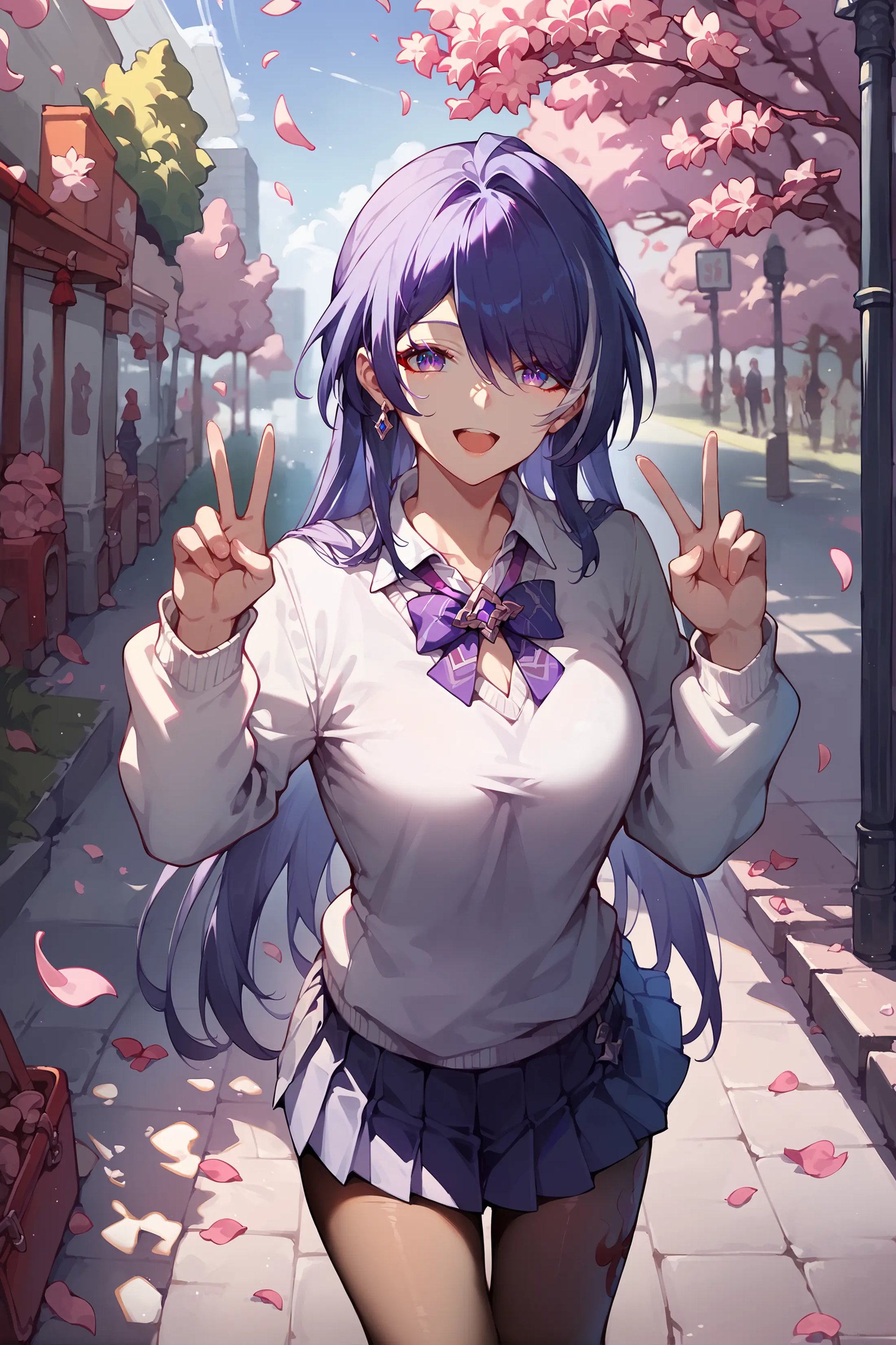 score_9, score_8_up, score_7_up, 1girl, acheron \(honkai: star rail\), solo, school uniform, white shirt, sweater, pleated skirt, pantyhose, light smile, double v, looking at viewer, smile, open mouth, outdoors, street, cherry blossoms, petals, depth of field <lora:Char-HonkaiSR-Acheron-Pony-V1:0.9>  <lora:Expressive_H:0.9>