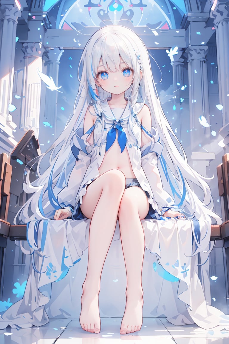 masterpiece, best quality, ((masterpiece)), flat chestbest quality, (highres), solo, flat chest, a girl inside the church with white hair and blue pupil surrounded by (many) glowing (feathers) in cold face, detailed face, night with bright colorful lights whith richly layered clouds and clouded moon in the detailed sky, (a lot of glowing particles),long hair,cool movement, (filigree), delicate and (intricate) hair, ((sliver)) and (broken) body, blue streaked hair, full body, depth of field, sitting on a (blue star), bishoujo,full body,no shoes,foot,