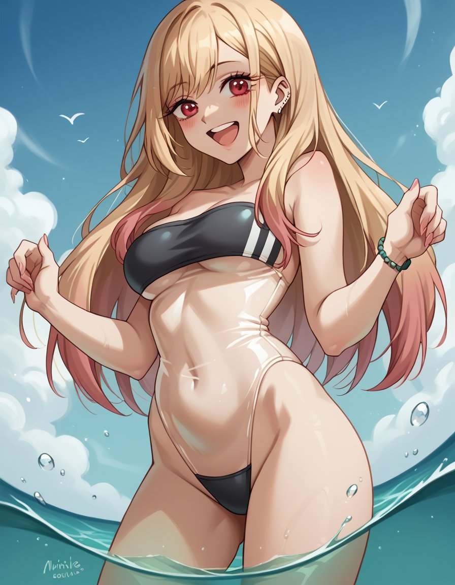 score_9, score_8_up, score_7_up, source_anime, marinkitagawa, <lora:marin-kitagawa-ponyxl-lora-nochekaiser:1>, marin kitagawa, long hair, bangs, blonde hair, red eyes, multicolored hair,, <lora:gris-swimsuit-ponyxl-lora-nochekaiser:1>, gris swimsuit, see-through one-piece swimsuit, strapless one-piece swimsuit, double verticle stripe, highleg swimsuit, covered navel, see-through, strapless, underboob,, outdoors, beach, submerged, water, blush, smile, open mouth,, cowboy shot, dutch angle,