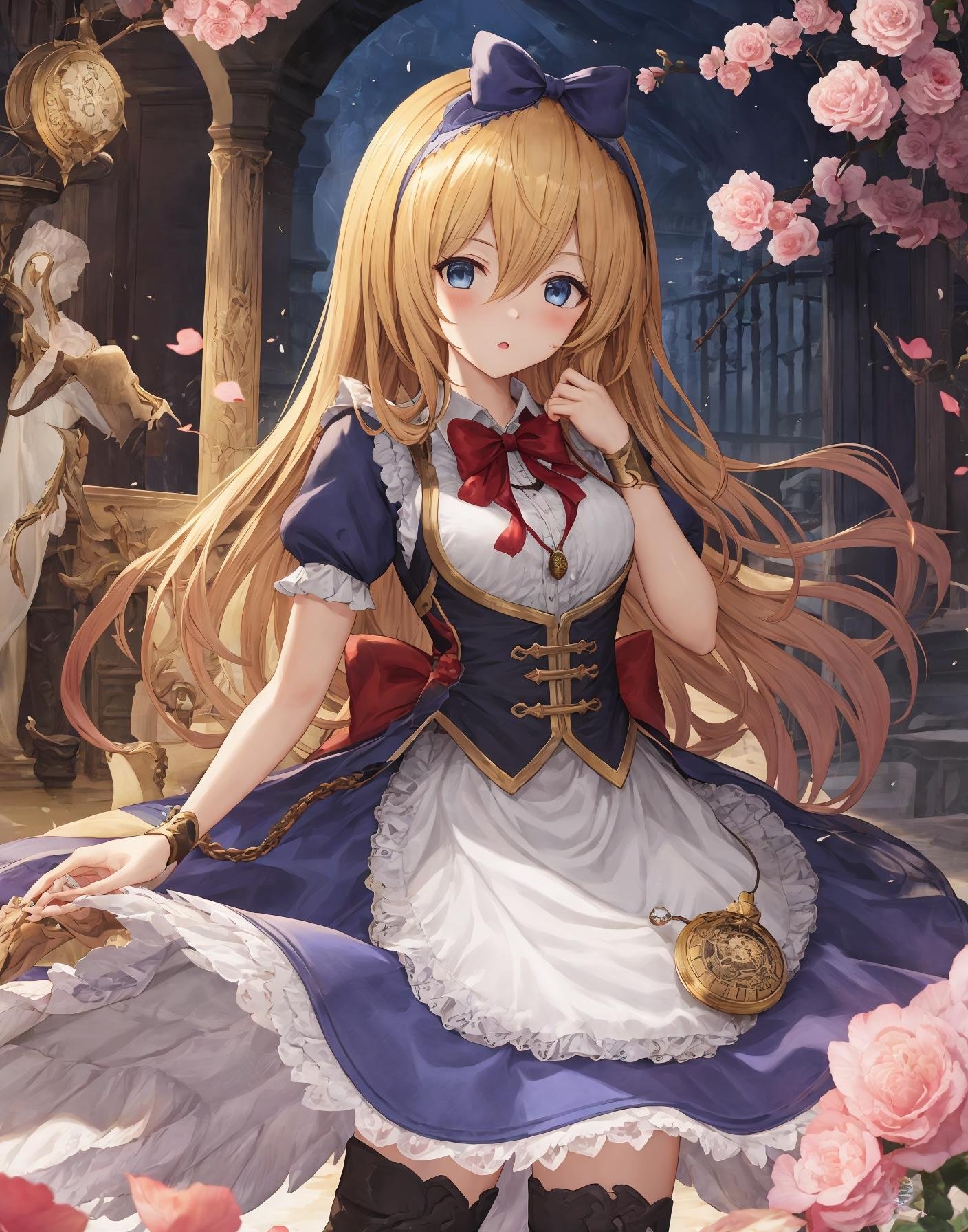 (cygames, official art, shadowverse, shingeki no bahamut ), a beautiful masterpiece portrait of a blonde girl in a blue dress,  standing, full body, (she has a large pocket watch pendant watch clock hanging loosely off her shoulder like a pendant),     absurdres, highres, (high quality, beautiful, detailed, intricately detailed, ),nose blush,  1girl, frills, looking at viewer, blush,  eyebrows visible through hair, breasts, small breasts, solo focus, shadow,  hair between eyes,boots, (1girl, blonde hair, blue eyes, dress, long hair,  flower,  (pocket watch, pendant watch), (blue dress:1.2), rose, apron,  hairband, blue hairband, bow hairband,   bowtie,   bow, petticoat,  ((blue corset)), ribbon, frills, wrist cuffs, pink rose,  outdoors,  puffy sleeves, short sleeves, juliet sleeves, , large dress, thighhighs,  frills, black thighhighs, apron, puffy short sleeves, jewelry, red bowtie, wrist cuffs,  hair between eyes,   bangs, ribbon-trimmed skirt, ribbon trim, :1.0 ),<lora:Alice2:1.0>,