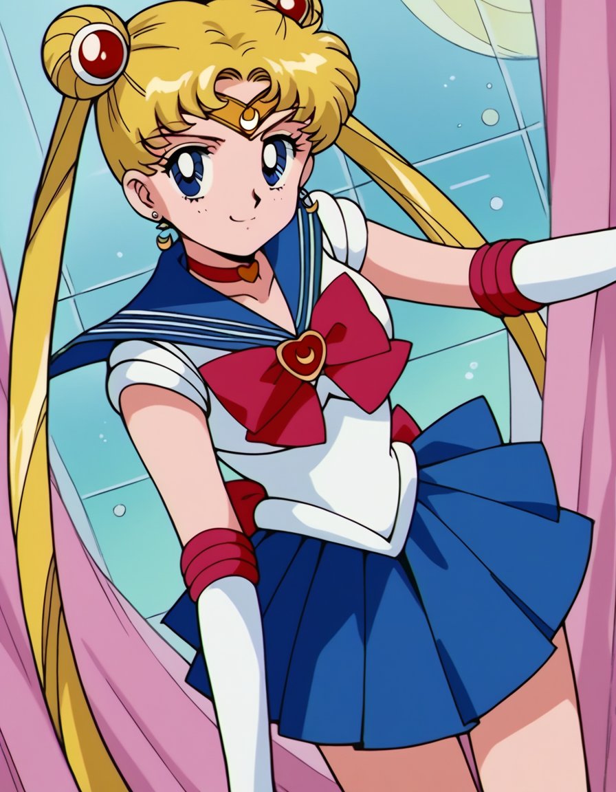 score_9, score_8_up, score_7_up, source_anime, <lora:usagi-tsukino-s3-ponyxl-lora-nochekaiser:1>, usagi tsukino, blonde hair, blue eyes, double bun, hair bun, hair ornament, long hair, twintails, circlet, parted bangs,, back bow, blue sailor collar, blue skirt, bow, brooch, choker, crescent moon, elbow gloves, gloves, jewelry, magical girl, pleated skirt, red bow, red choker, ribbon, sailor collar, sailor senshi uniform, skirt, white gloves,, indoors, bent over, smile, smug, looking at viewer, solo,, cowboy shot, dutch angle